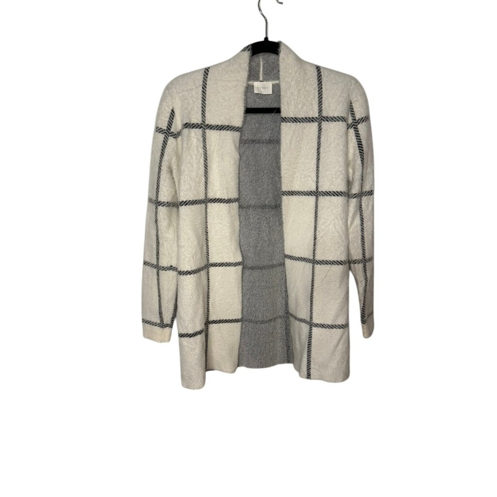 Cyrus New York‎ XS Cardigan Kells Cream Black Plaid Open Front Cozy Sweater Coat